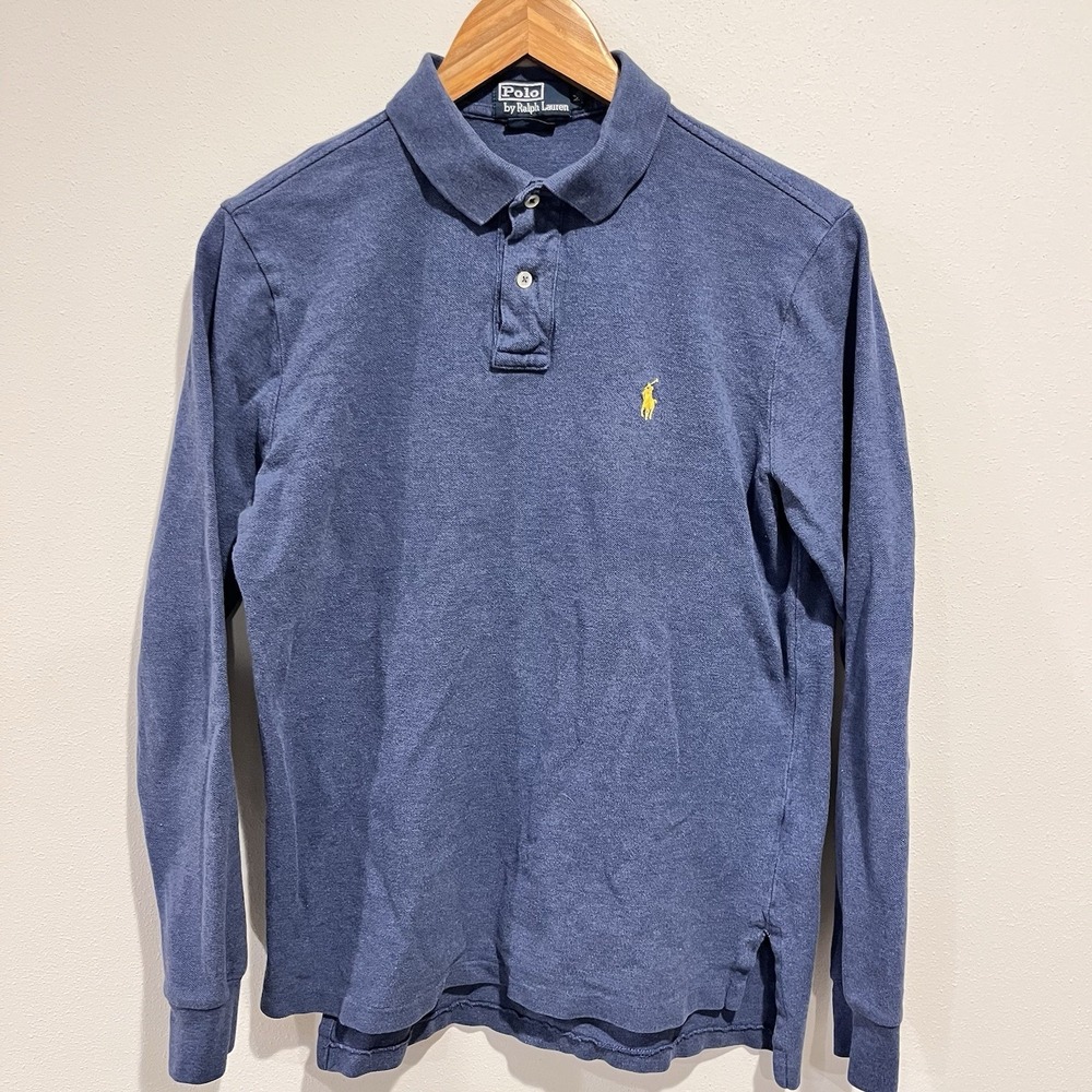 Ralph Lauren Polo Shirt Mens Medium Blue Long Sleeve Yellow Pony Pique Prep